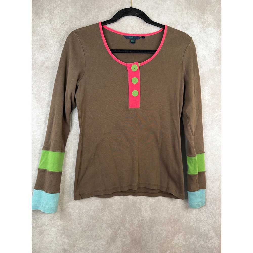 Boden Henley Top Women 12 Brown Pink Green Blue Colorblock Long Sleeve WL458